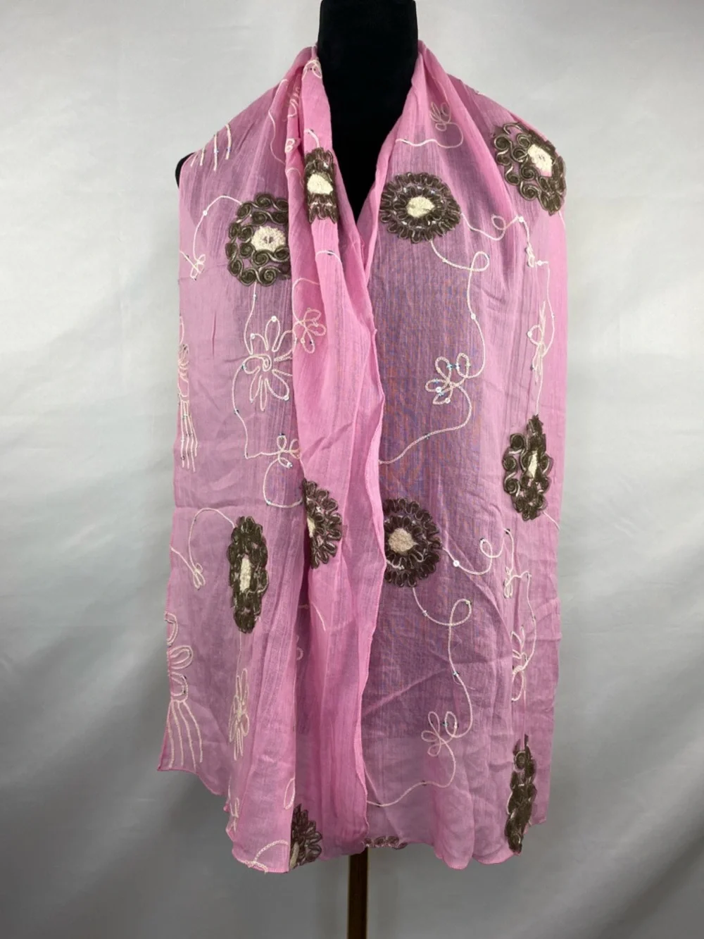 Vintage Y2K Boho Tickled Pink Embroidered Sequin 100% Cotton Scarf 66”X 15”